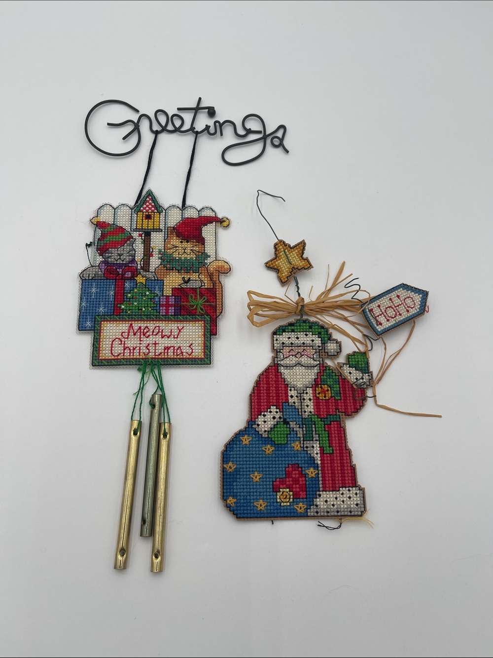 Source Unknown Red, Green, Blue Christmas Cross-Stitch Ornaments